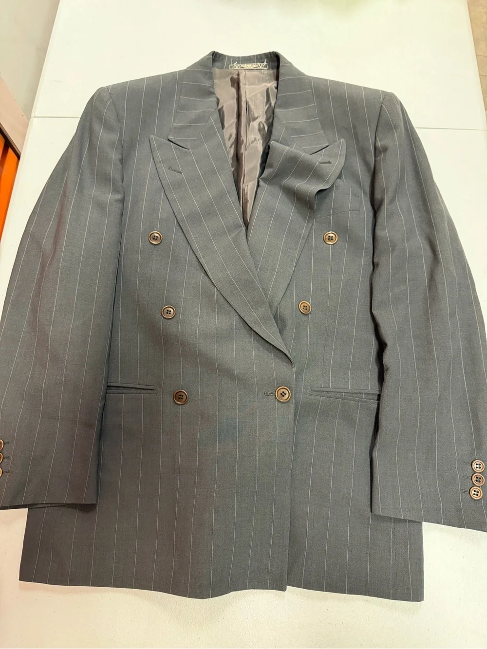Vintage 90s Valentino Couture 46R Gray Pinstripe Double Breasted Blazer Italy